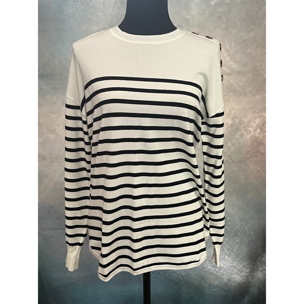 Marled Womens Small Striped Knit Sweater White Black Button Shoulder NWT